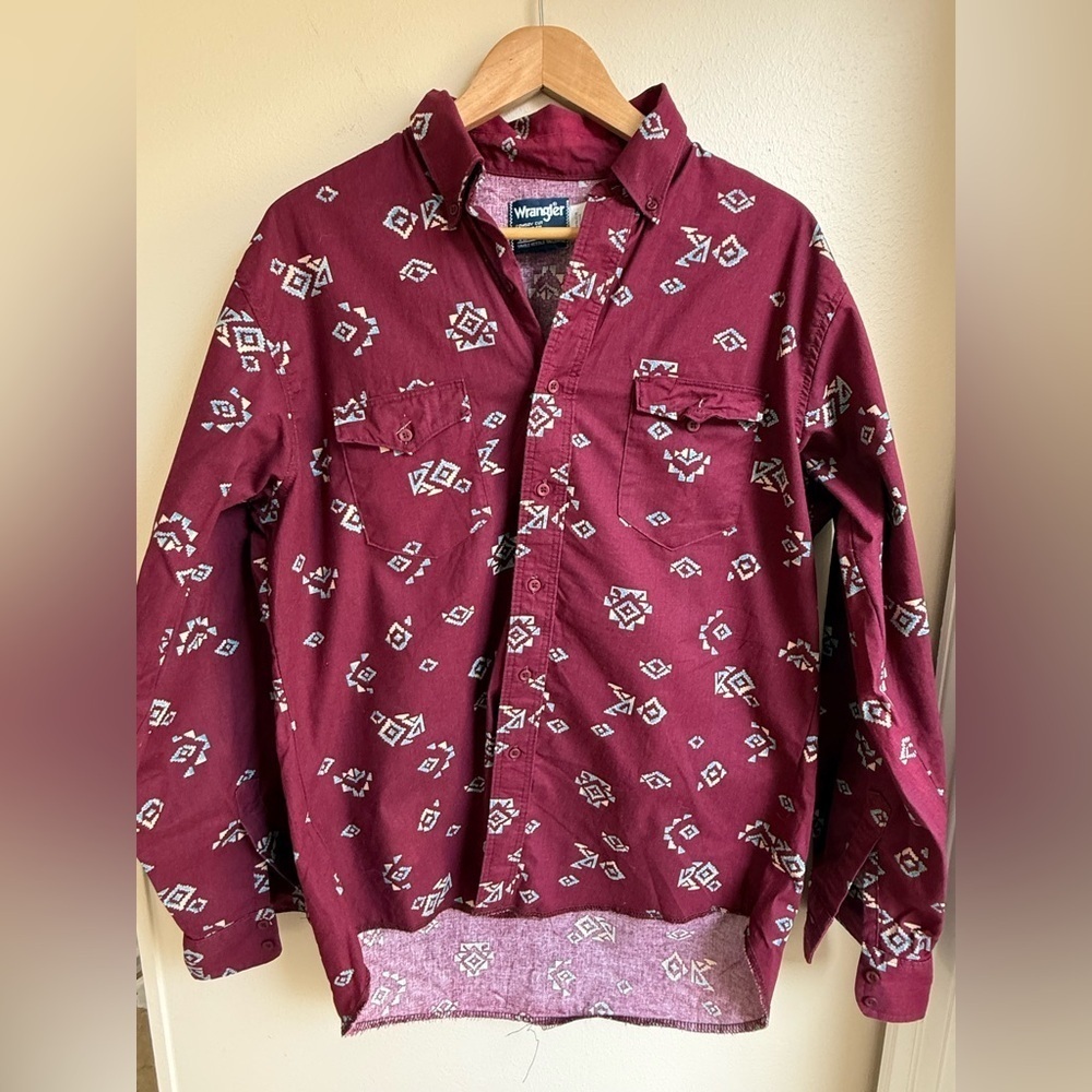 Vintage Wrangler Shirt Mens Sz 17x 35 Long Tails Aztec Southwestern Button Down